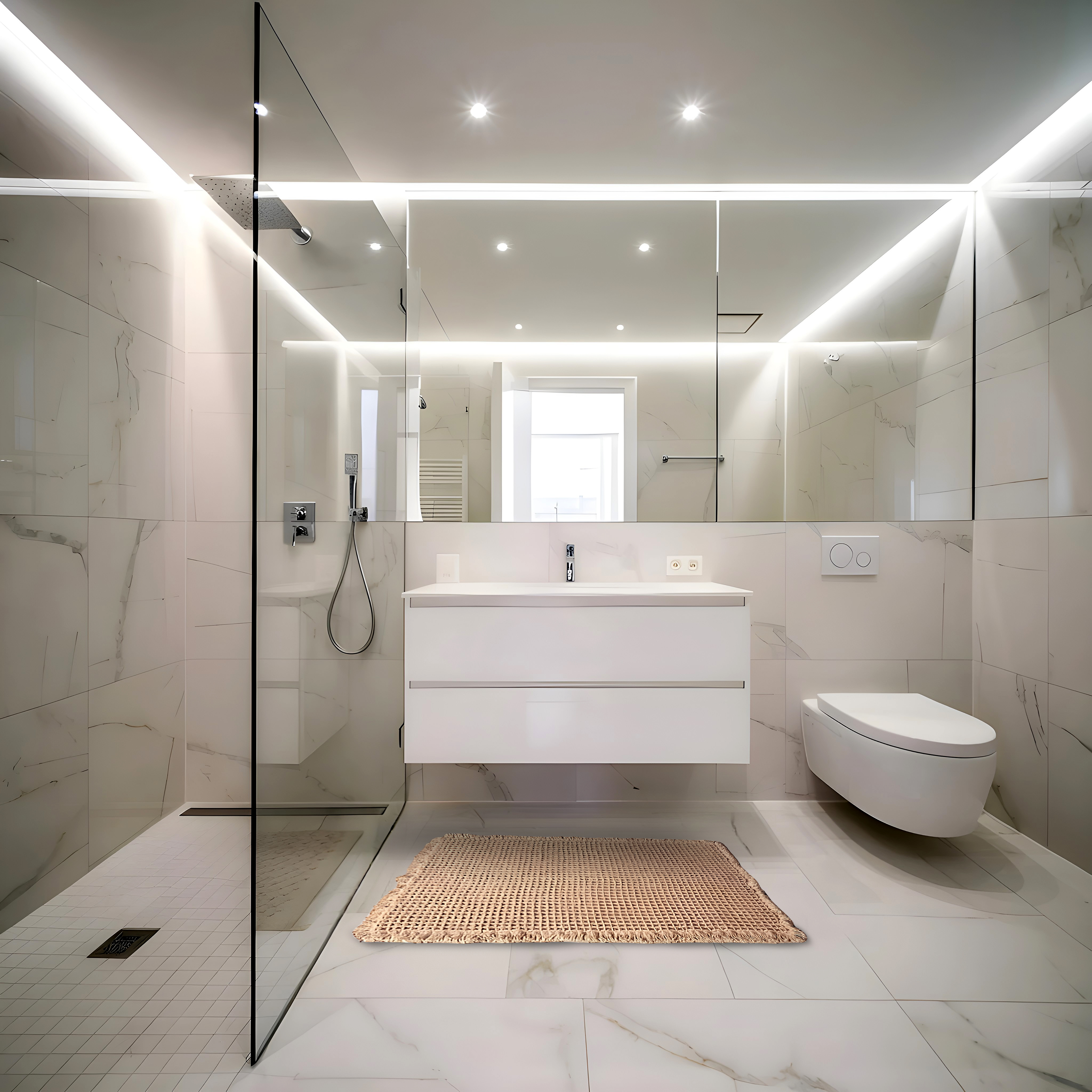 Bath mat in white marble bathroom